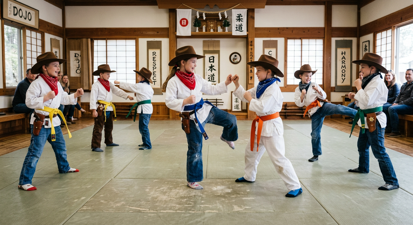 Firefly_Gemini Flash_une image dans un dojo avec des enfants pratiquants d&rsquo;arts martiaux en mode cow-boy 59839